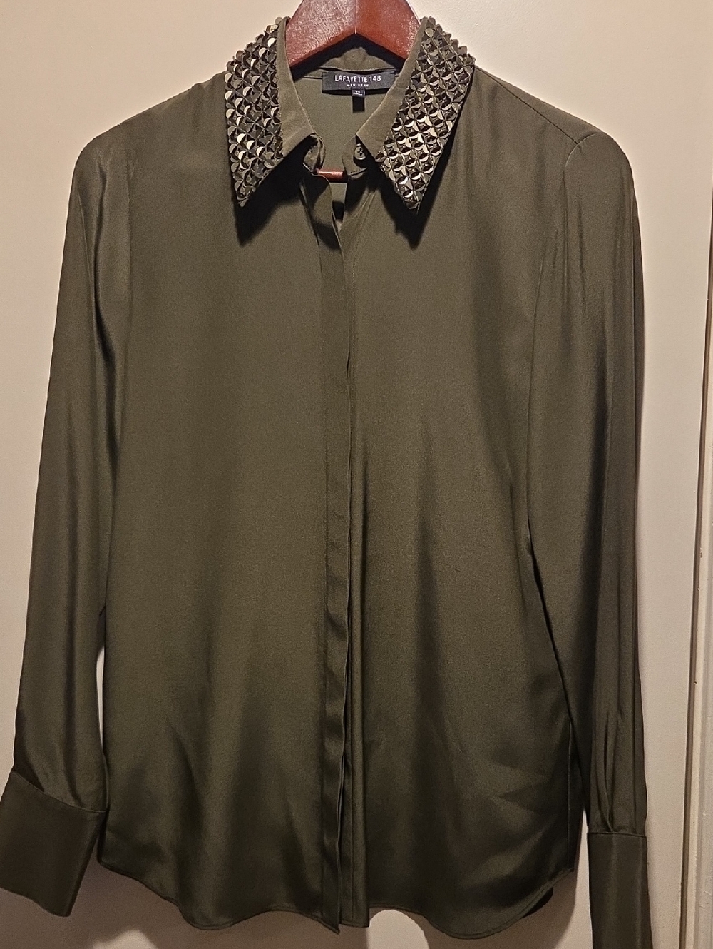 Lafayette 148 Olive Studded Collar Button-Up Blouse